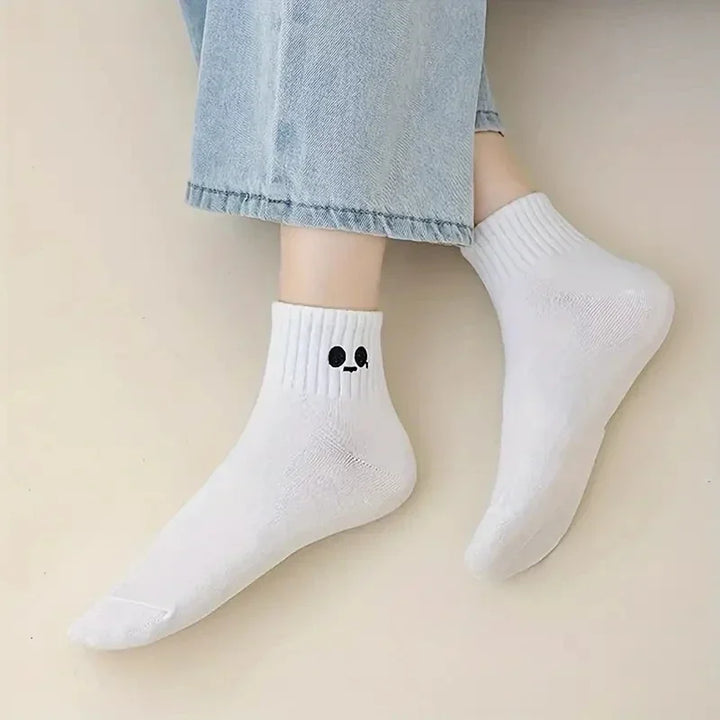 5pairs Cute Emotional Expressions Women's Warm Sock White Kawaii Stocking Embroidered Mid Length Socks Pattern Cotton Sports Sox