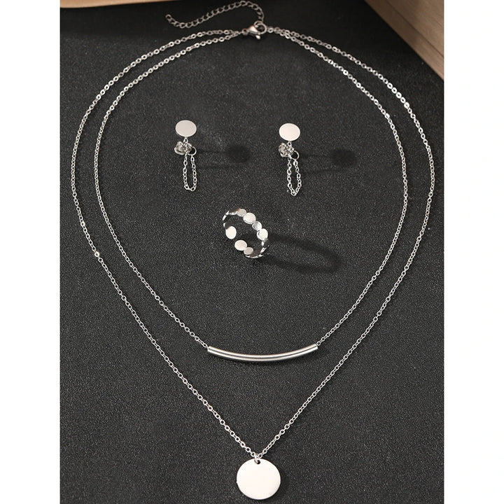 Stainless Steel Jewelry Set - Round Ring, Tassel Earrings & Double-Layer Necklace for Women