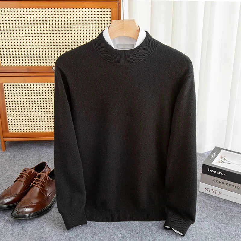 Men's 100% Wool Half-High Collar Sweater – Warm Solid Color Pullover, Business Casual