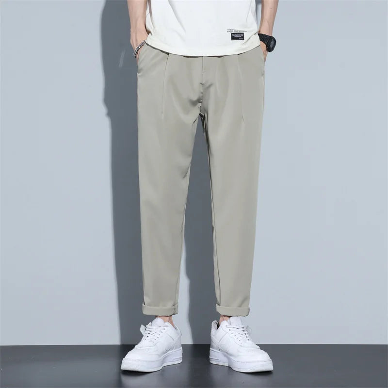 Men‘s Suit Pants Smooth Slim Business Office Social Elastic Waist Beige Grey Classic Korean Formal Trousers Male