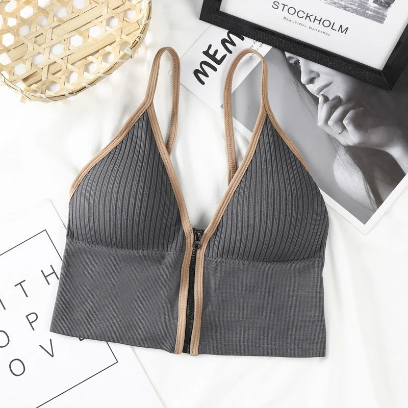 Sexy Seamless Padded Bralette - Wireless Cotton Sleep Top with Zipper for Women