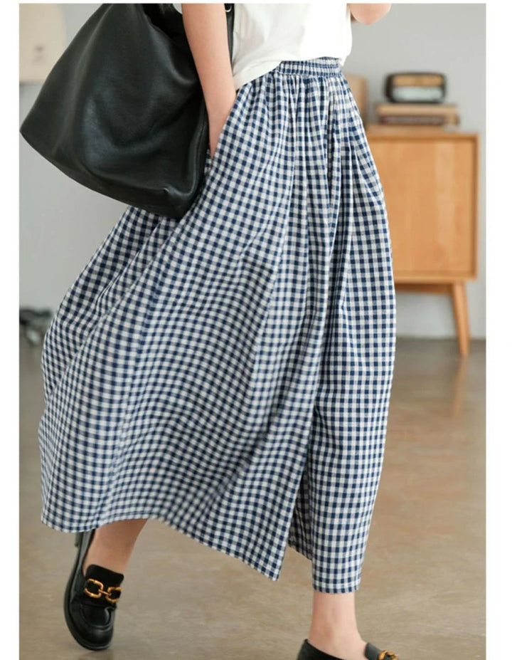 Elegant Women's Plaid Wide-Leg Pants - Thin Cotton Linen, High Waist Baggy Jogger Sweatpants