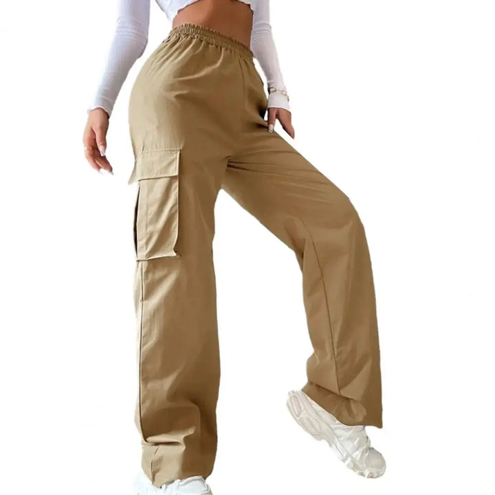 Women's Cargo Pants with Elastic Waist, Wide Leg, and Multiple Pockets