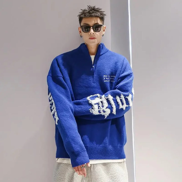 Men's Loose Knit Zipper Pullover - Fleeced Harajuku Sweatshirt, Blue Autumn Overfit