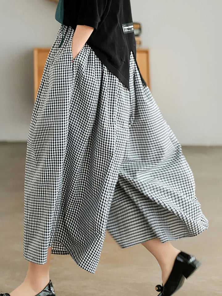 Elegant Women's Plaid Wide-Leg Pants - Thin Cotton Linen, High Waist Baggy Jogger Sweatpants