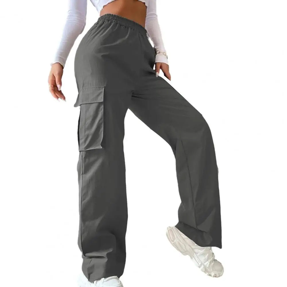 Women's Cargo Pants with Elastic Waist, Wide Leg, and Multiple Pockets