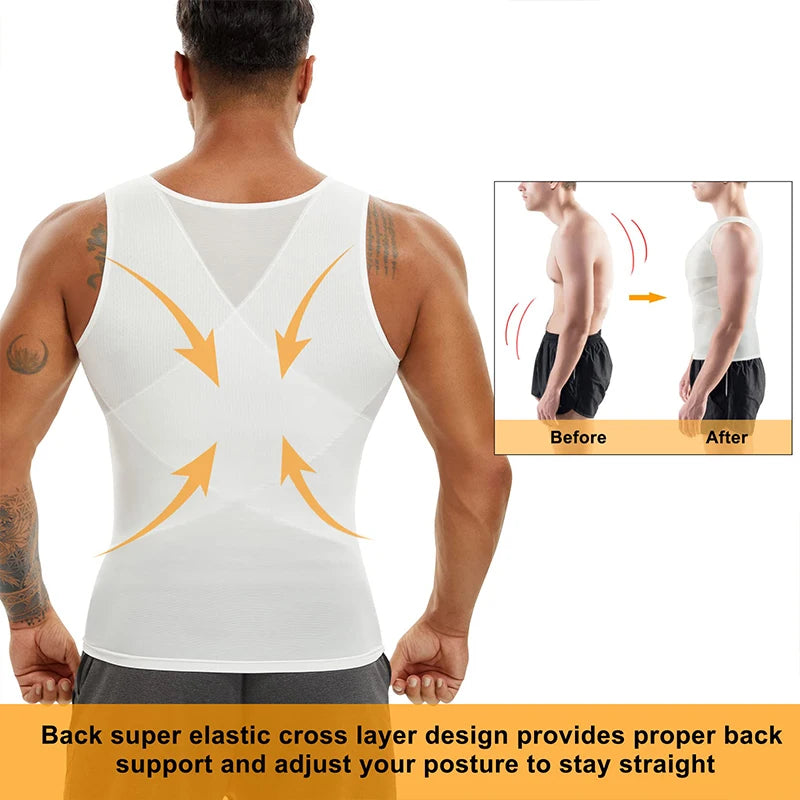 Men's Compression Shirt - Slimming Undershirt, Sleeveless Body Shaper Tank Top, Mesh Cross Suit