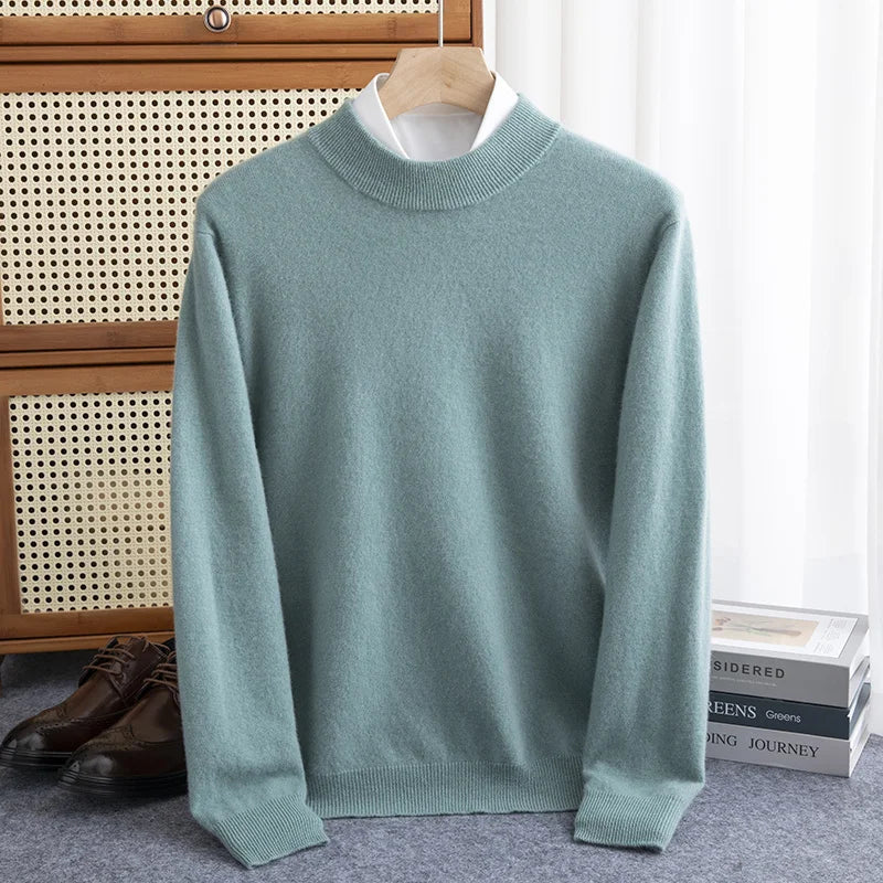 Men's 100% Wool Half-High Collar Sweater – Warm Solid Color Pullover, Business Casual