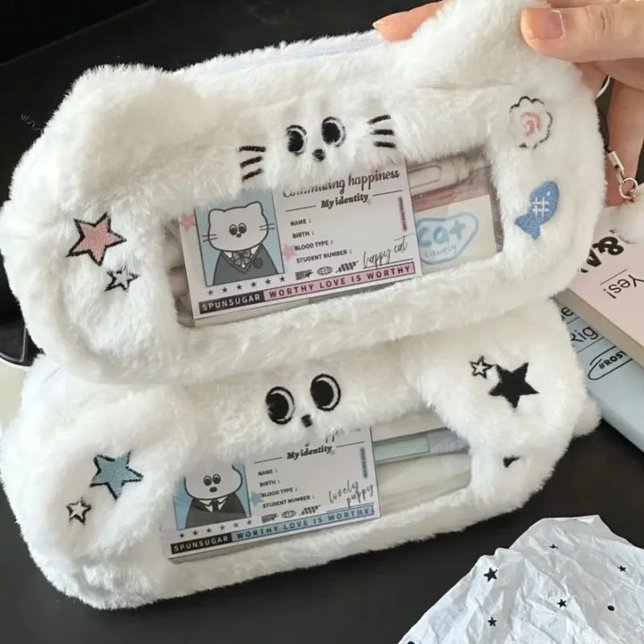 Winter Cute Fluffy White Dog and Cat Pencil Case - Comfortable Pen Bag with Transparent Window, Girls' Stationery Organizer for School Supplies