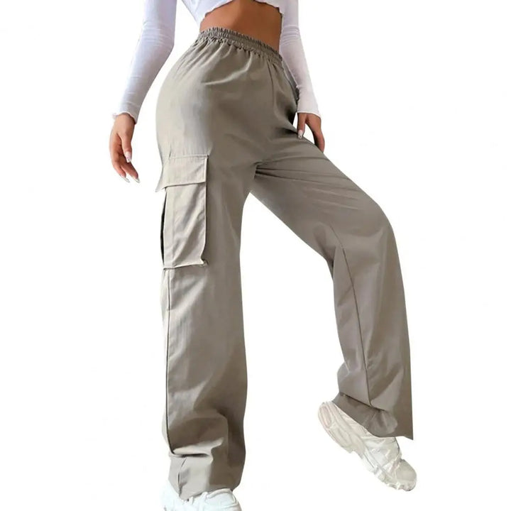 Women's Cargo Pants with Elastic Waist, Wide Leg, and Multiple Pockets