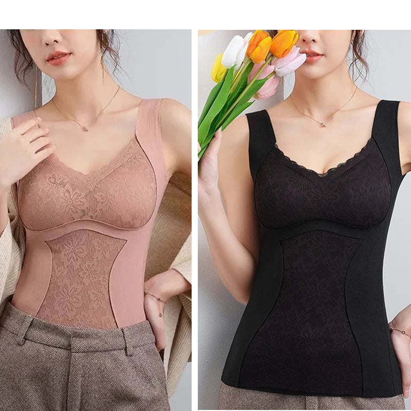 2-Piece Women’s Thermal Underwear - Soft Lace Padded Vest for Winter Warmth