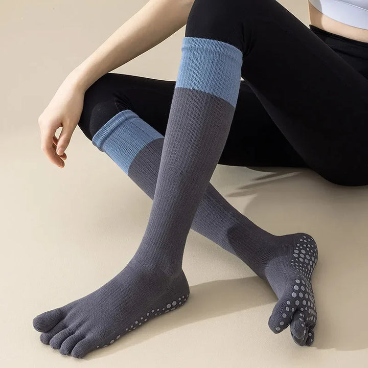 Women's Pilates Yoga Toe Socks Professional Silicone Anti-slip Fitness Sports Socks Solid Color Cotton Knee Socks