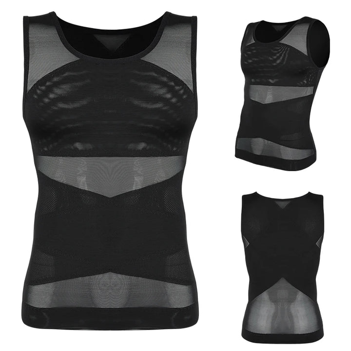 Men's Compression Shirt - Slimming Undershirt, Sleeveless Body Shaper Tank Top, Mesh Cross Suit