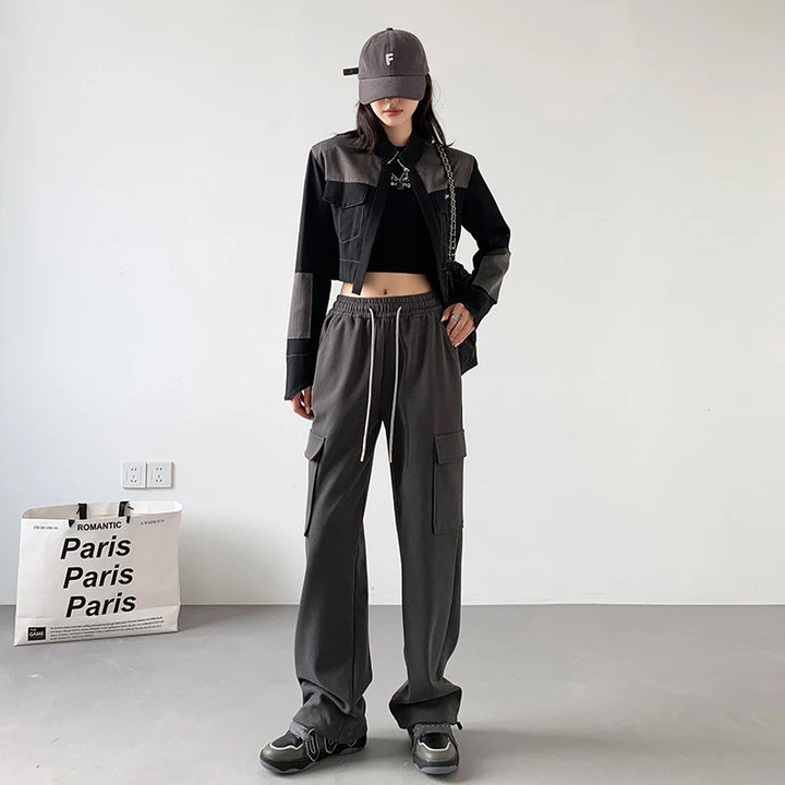 Women's Cotton Cargo Pants - High Waist, Drawstring, Multi-Pocket, Tie Feet, Straight Leg, Wide Leg