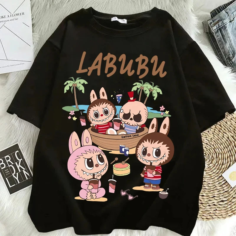 Pop Mart Labubu Couple T-Shirts – Anime Cartoon Short Sleeve Hip Hop Tops for Adults