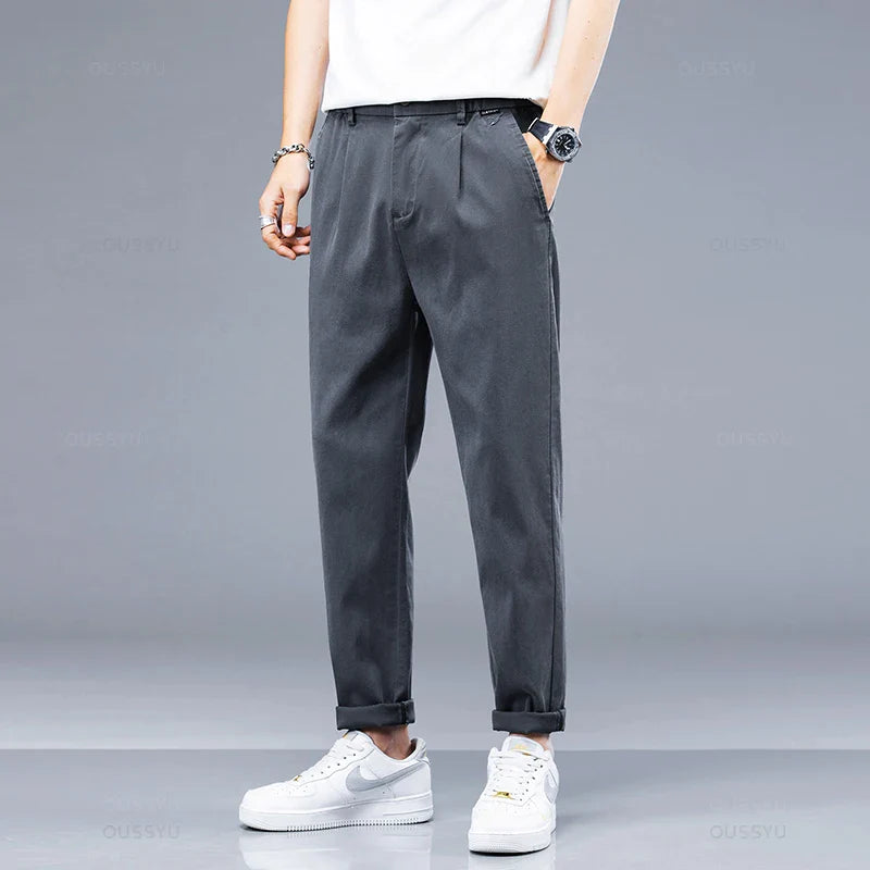 Men's Casual Pants - Soft Lyocell Fabric, Thin Slim Fit, Elastic Waist, Korean Style Jogger Ankle-Length Trousers