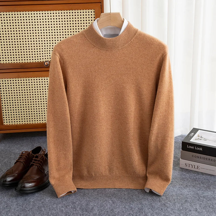 Men's 100% Wool Half-High Collar Sweater – Warm Solid Color Pullover, Business Casual