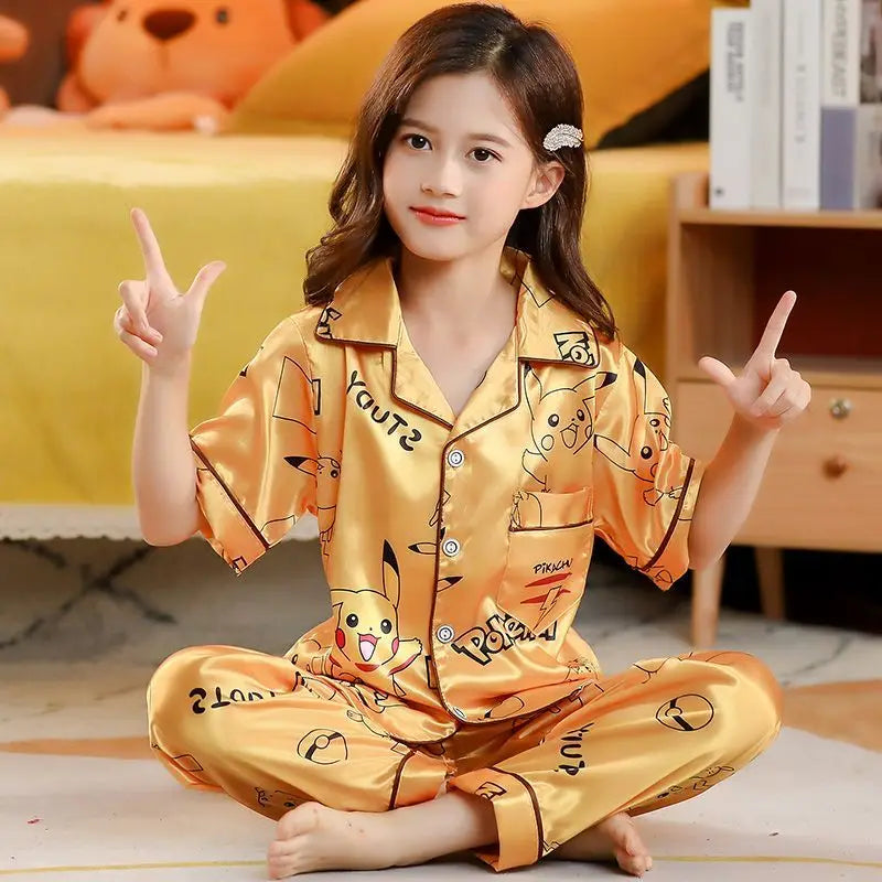 Kids Silk Satin Pajama Set – Girls' Cartoon Button-Down Short Sleeve Top & Pants