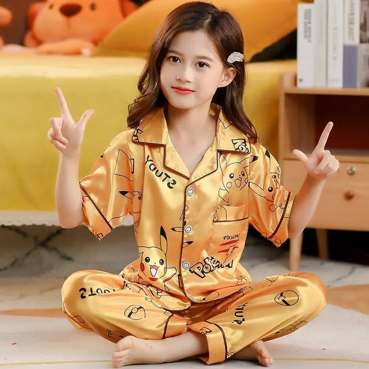 Kids Silk Satin Pajama Set – Girls' Cartoon Button-Down Short Sleeve Top & Pants