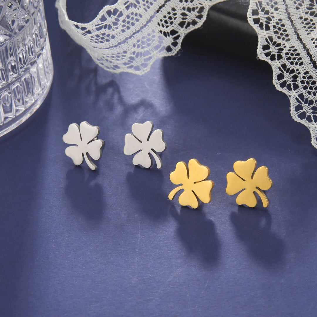 Four-Leaf Clover Stud Earrings - Fashionable Stainless Steel Jewelry in Silver or Gold, Elegant Flower Design for Women