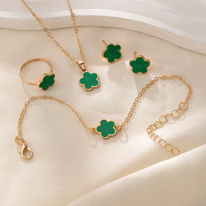 Five-Leaf Flower Jewelry Set - Necklace, Earrings, Ring & Bracelet for Women