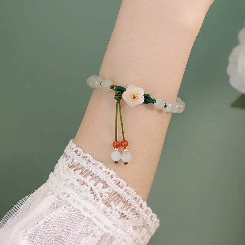 Jade Beads Small Peach Flower Woven Bracelet Female Minority Design Students' Best Friend Gift Beads Bracelet Ins Knitting