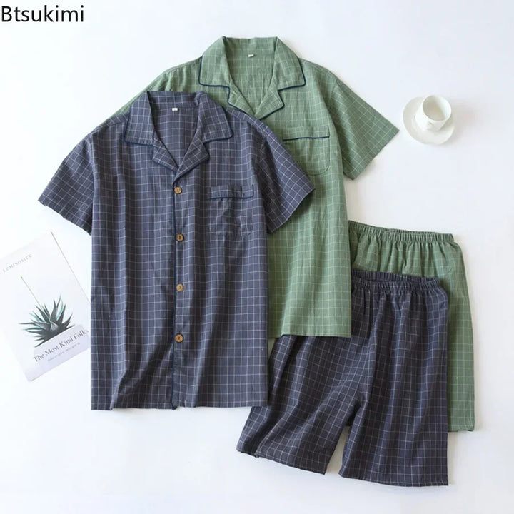 Men's Summer Pajamas - Thin Cotton Short-Sleeve & Shorts, Japanese Plaid Homewear