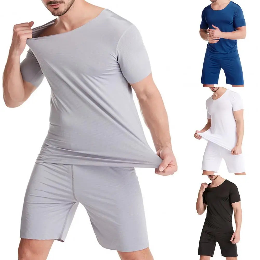 2 Pcs/Set Men Pajamas Sets Solid Color O Neck Short Sleeve Elastic Summer Underwear Homewear Ice Silk Pyjamas Soft For Sleeping