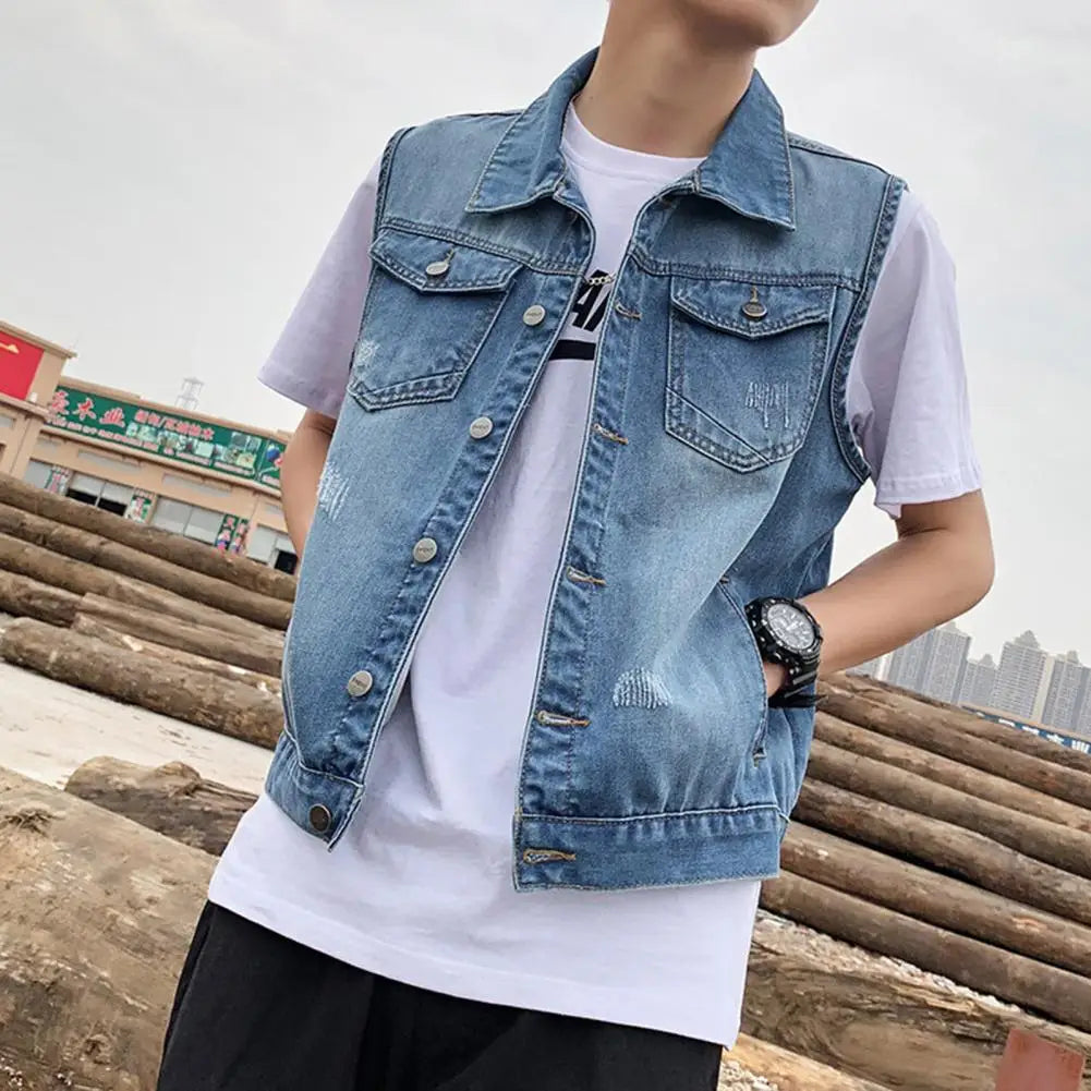 Men's Denim Vests - Spring Summer Ripped Long Hole Jeans Waistcoat, Fashion Sleeveless Casual Jacket Outerwear