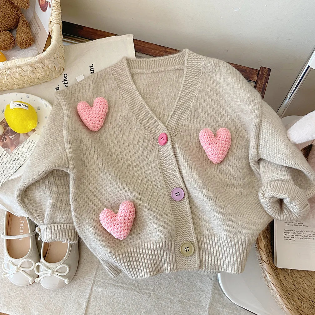 Girls' Knitted Cardigan Coat - Three-Dimensional Heart Design, Autumn/Winter Baby Girls' Jacket (2-8Y), Korean Style