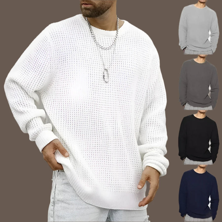 Men's Solid Color Knitted Sweater Loose Fit Long Sleeve Round Neck Pullover