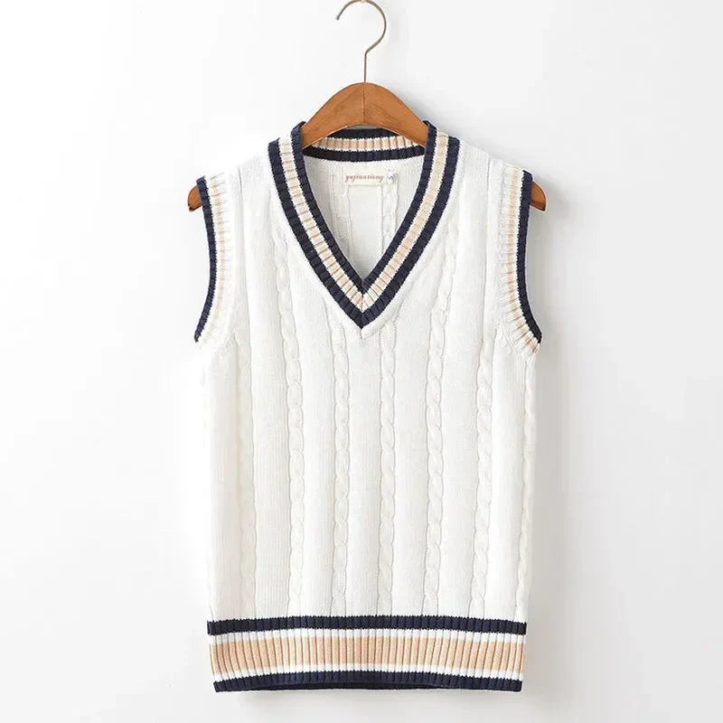 Thick V-Neck Sweater Vest - Sleeveless Knitted, Striped Retro Preppy Style, Chic and Casual