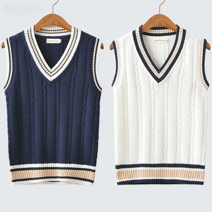 Thick V-Neck Sweater Vest - Sleeveless Knitted, Striped Retro Preppy Style, Chic and Casual