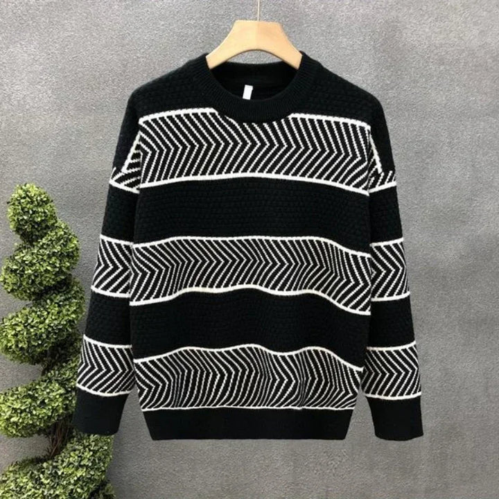 Men's Crewneck Knitted Sweater - White Striped Loose Fit Korean Fashion Pullover