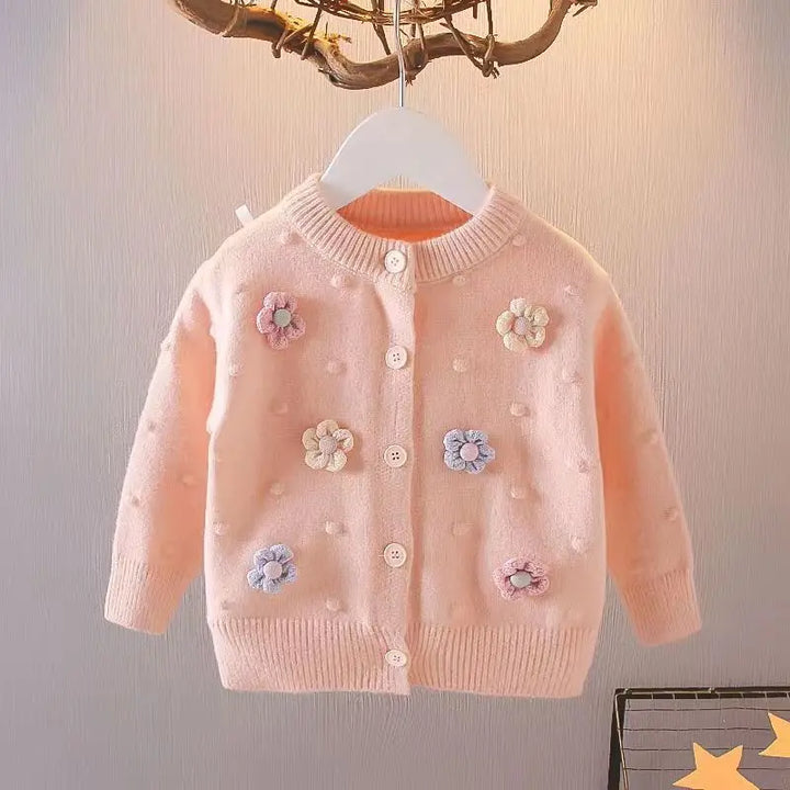 Girls' Korean Knitted Cardigan - Flower Design, Long Sleeve Autumn Top for Kids (1-7T)