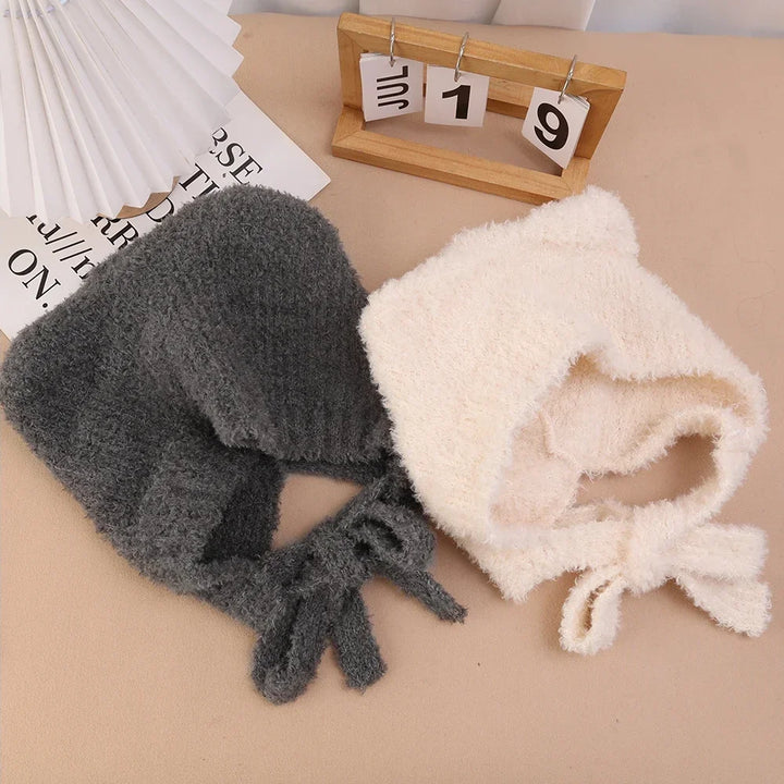 Winter Plush Beanies – Cute Bear Ear Wool Hat, Warm Lace-up Ear Protection Knitted Bomber Cap, Korean Women Knitting Bonnets Gorros