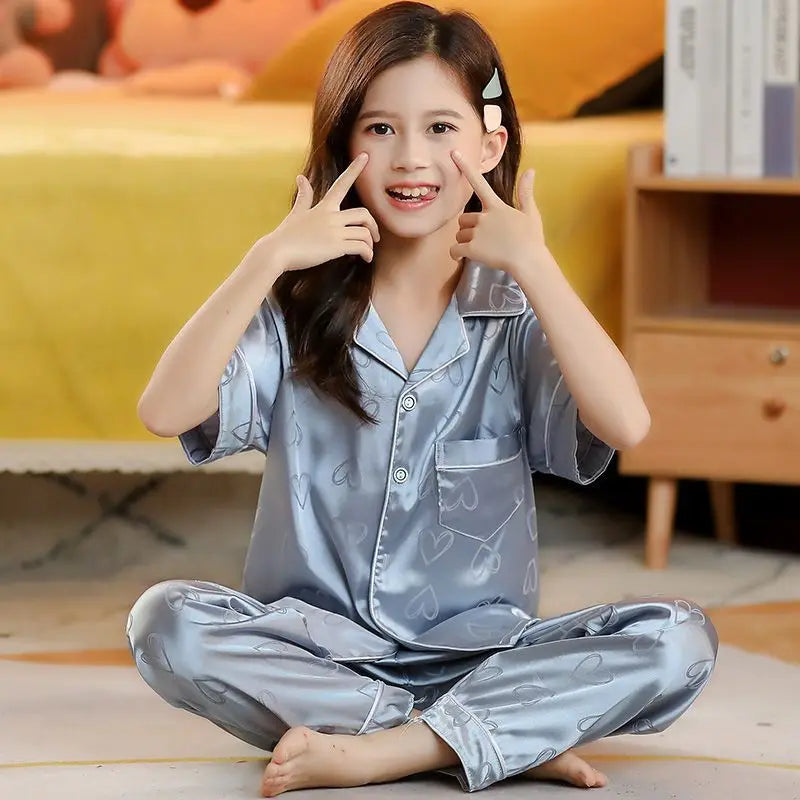 Kids Cinnamoroll Silk Satin Pajama Set – Girls' Cartoon Button-Down Short Sleeve Top & Pants