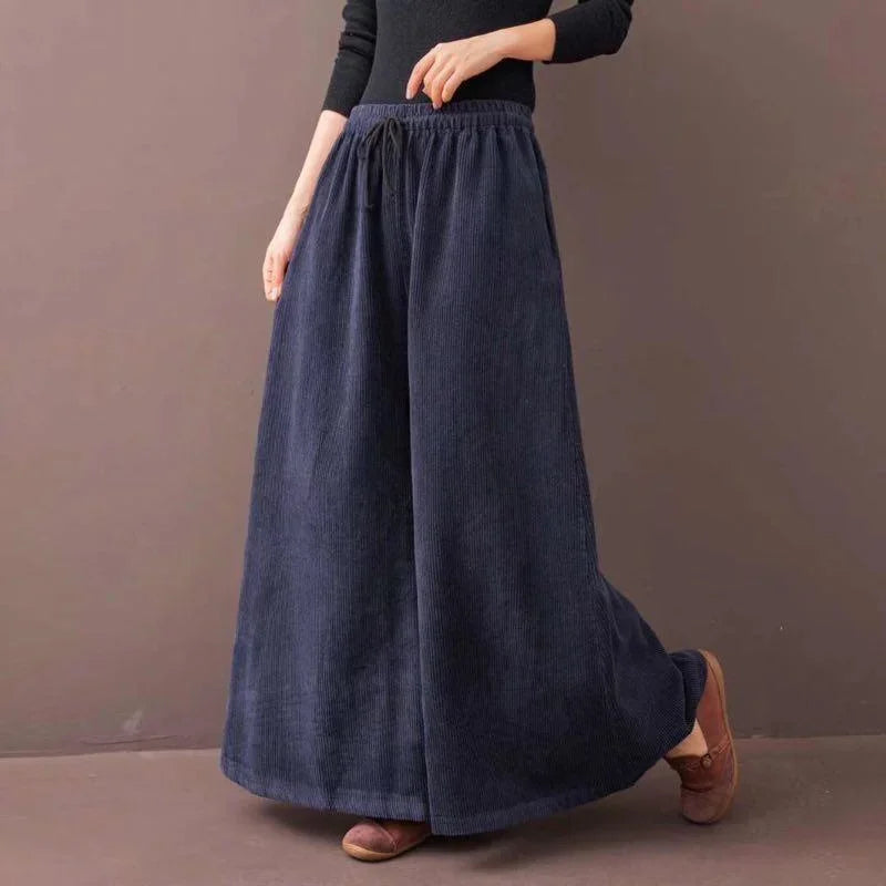 High-Waisted Corduroy Pants for Women - Wide-Leg, Warm Velvet Trousers with Pockets