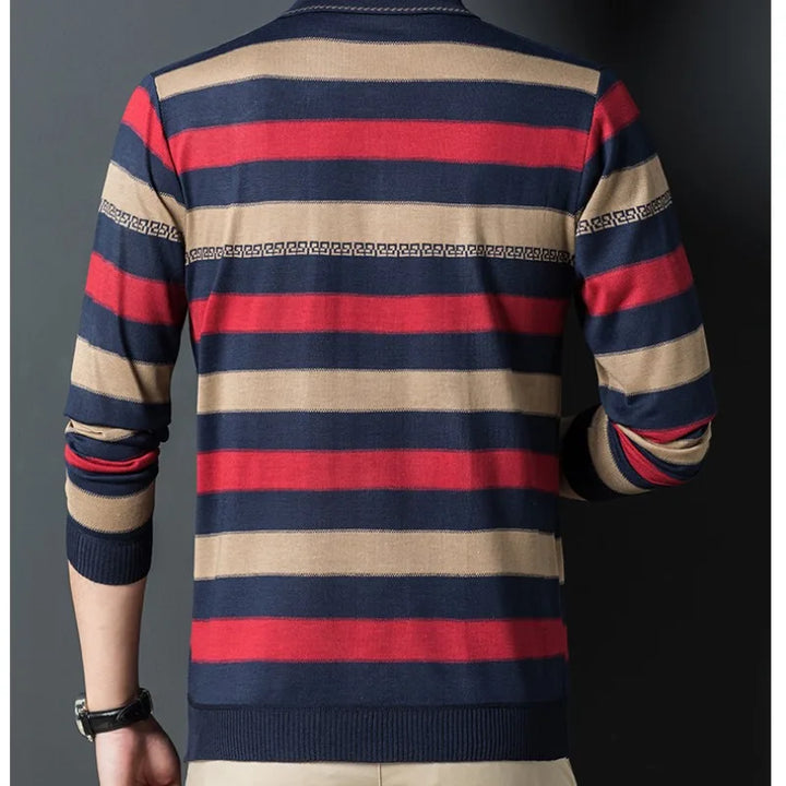 Men's Stripe Button Long Sleeve Polo T-Shirt - Business Casual Slim Fit Fashion Pullover Top