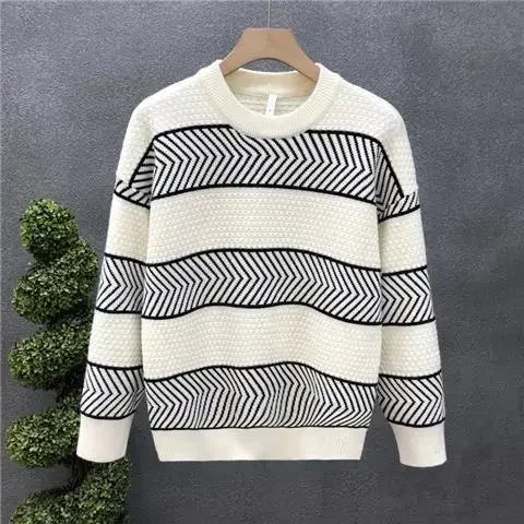 Men's Crewneck Knitted Sweater - White Striped Loose Fit Korean Fashion Pullover