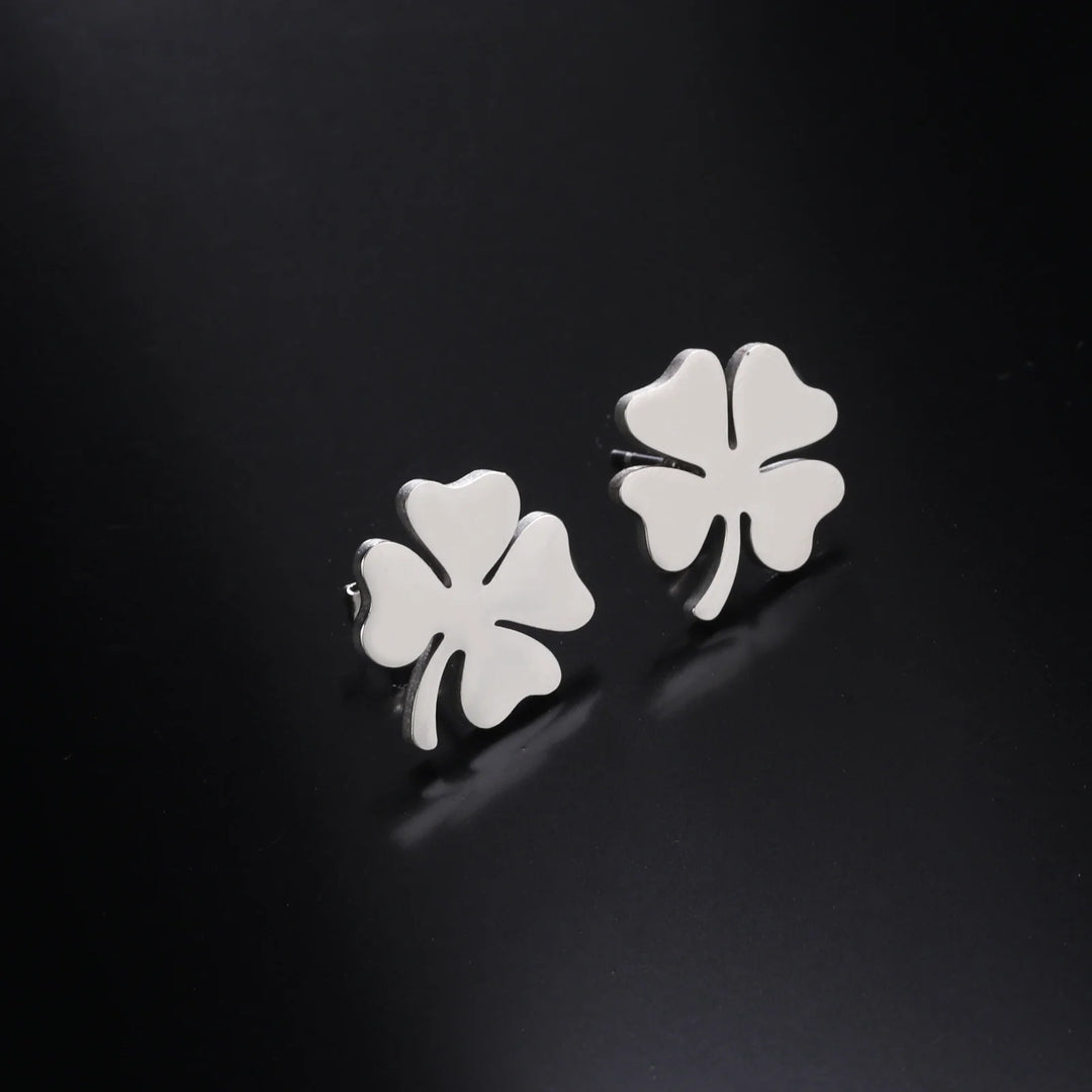 Four-Leaf Clover Stud Earrings - Fashionable Stainless Steel Jewelry in Silver or Gold, Elegant Flower Design for Women