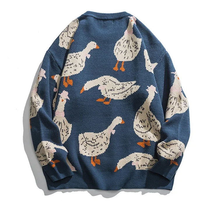 Japanese Knitted Sweater - Men’s Cartoon Duck and Goose Print, Harajuku Casual O-Neck Pullover, Oversized Streetwear, Unisex Fall Top