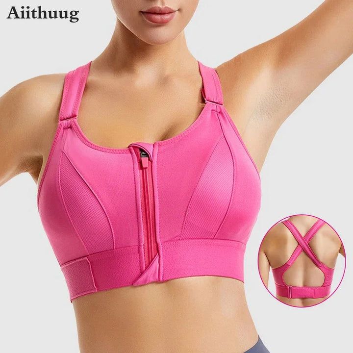 Zip-Front Strappy Yoga Bra - Padded Seamless Wireless Sports Bra for Women