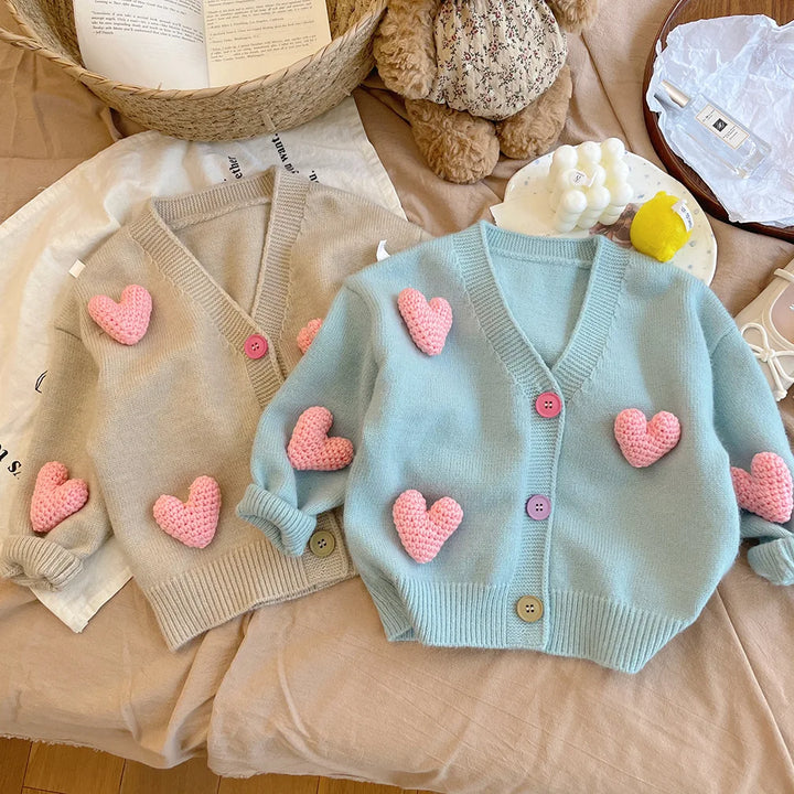 Girls' Knitted Cardigan Winter Sweater with Love Decor Korean Style for Toddlers