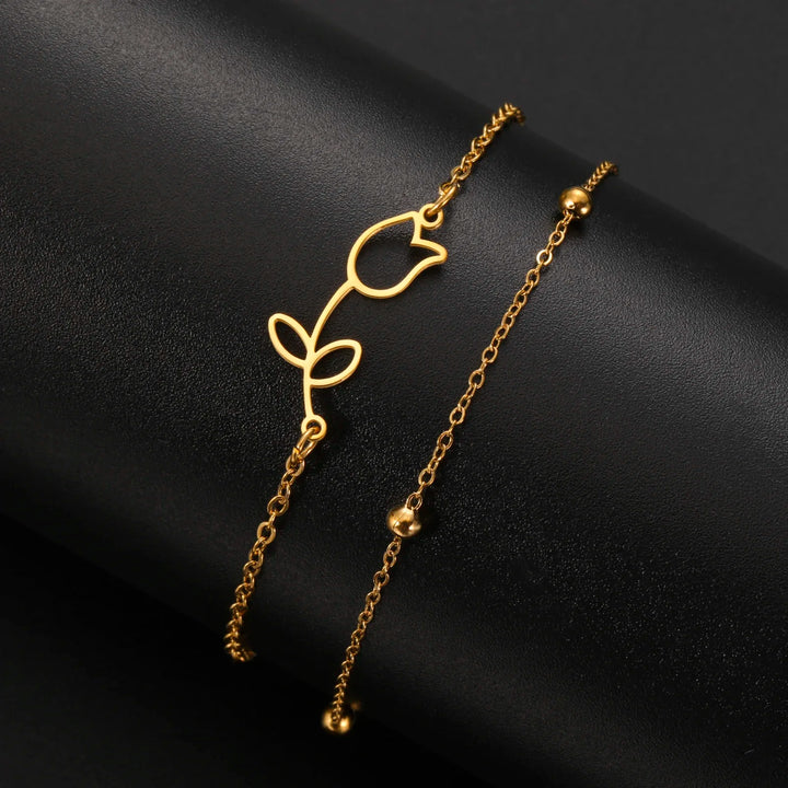 Gold Stainless Steel Rose Flower Anklet - Simple and Adjustable Design for Women, Elegant Leg Bracelet Jewelry, Perfect for Parties or Gifts