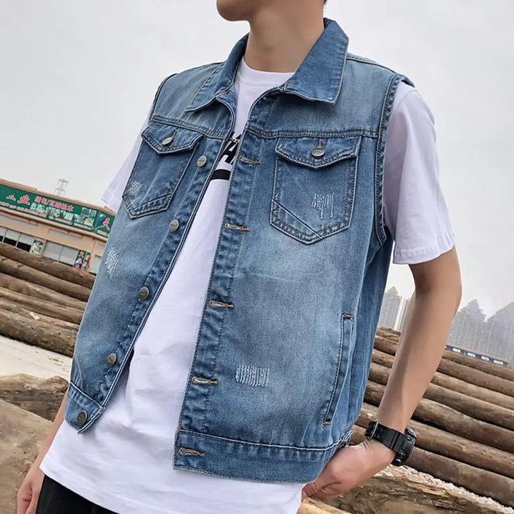 Men's Denim Vests - Spring Summer Ripped Long Hole Jeans Waistcoat, Fashion Sleeveless Casual Jacket Outerwear