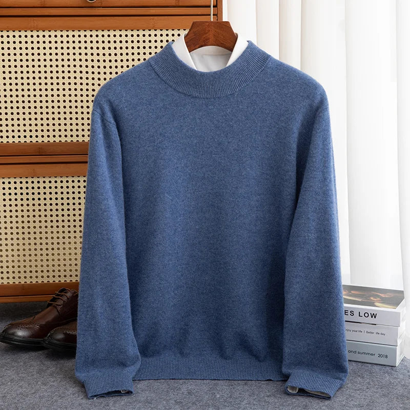 Men's 100% Wool Half-High Collar Sweater – Warm Solid Color Pullover, Business Casual